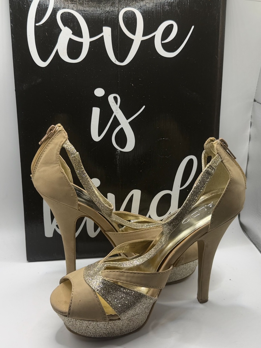 Aldo Gold Glitter Strappy Peep-Toe Heels
